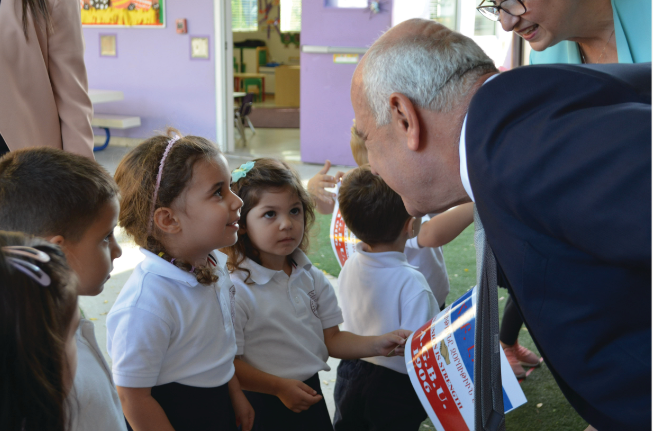 Visiting with young community members at the AGBU Manoogian Demirdjian School in Canoga Park, California. (2018