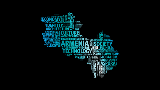 Armenia's shape filled in cyan words describing Armenia, its present and future. 